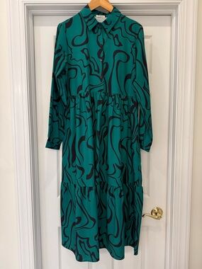 Teal & Black Abstract Print Long Sleeve Tiered Dress